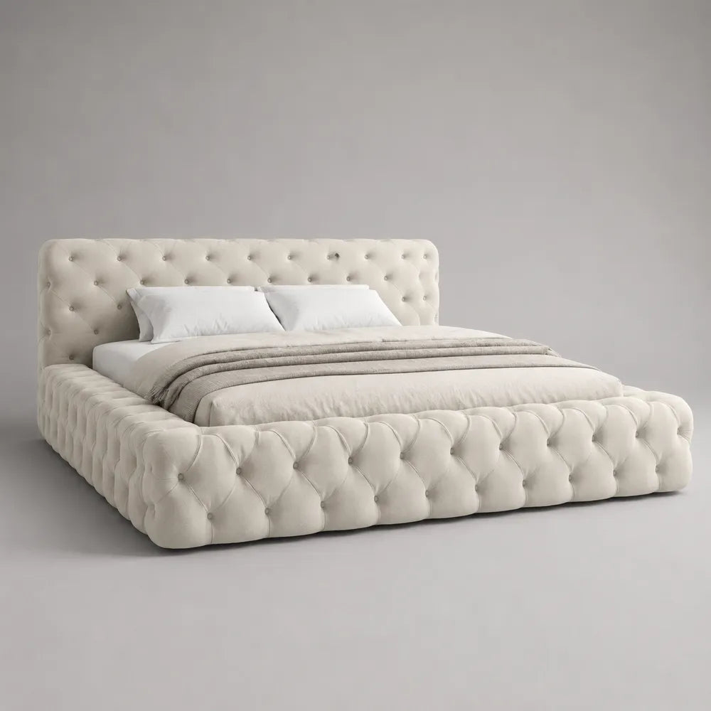 Letto contenitore matrimoniale imbottito con testiera capitonné in tessuto beige 180x200 cm