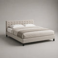 Letto matrimoniale imbottito in tessuto poliestere beige con testiera capitonné gambe in acciaio nero 160x200 cm