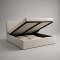 Letto contenitore matrimoniale imbottito in tessuto beige con struttura in acciaio 160 x 200 x 35 cm