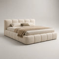 Letto matrimoniale imbottito in tessuto poliestere beige con testiera trapuntata e giroletto imbottito 160x200 cm