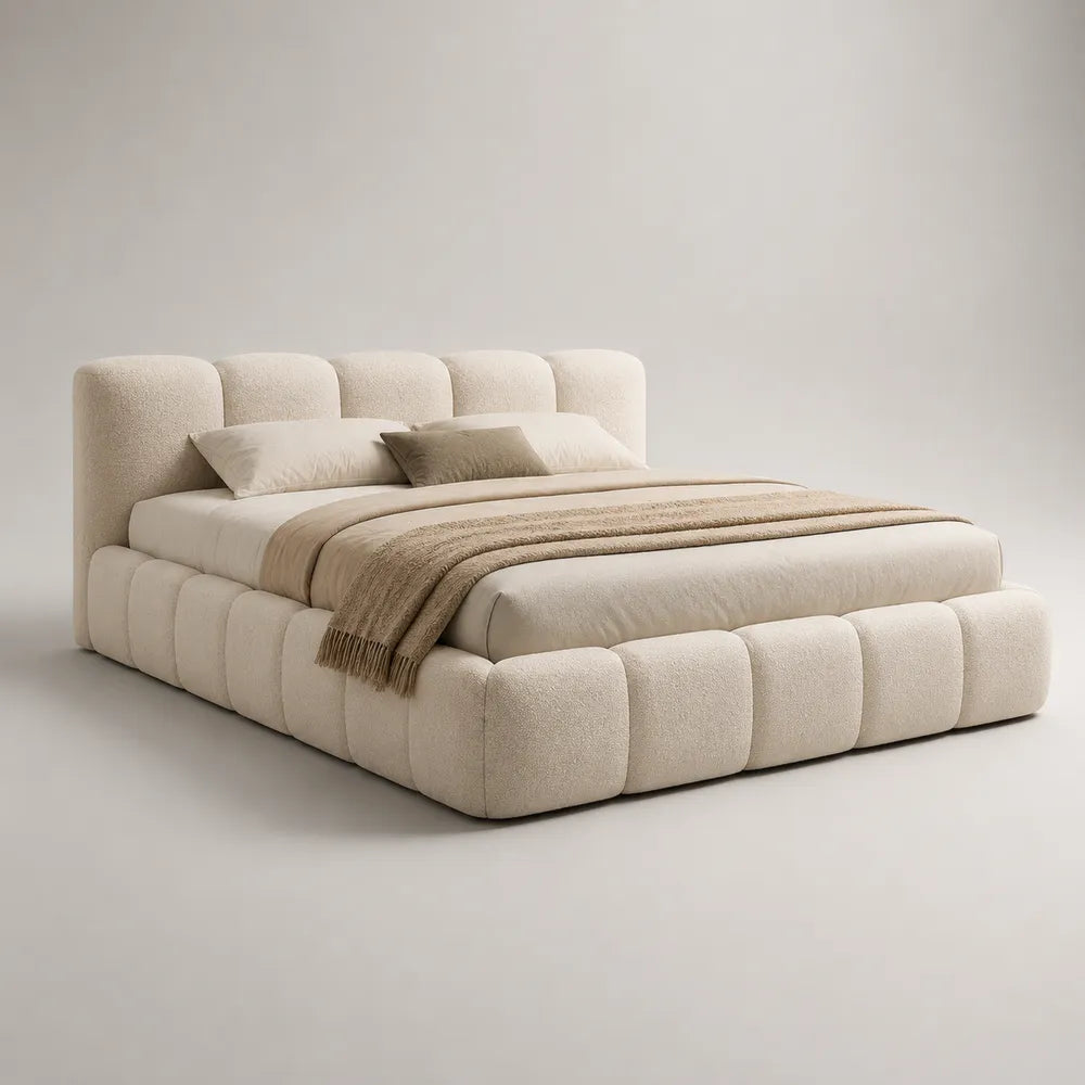 Letto matrimoniale imbottito in tessuto poliestere beige con testiera trapuntata e giroletto imbottito 160x200 cm