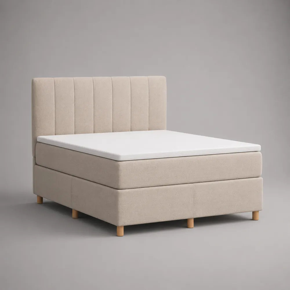 Letto matrimoniale imbottito con testiera verticale in tessuto beige e struttura in acciaio 160 x 200 cm