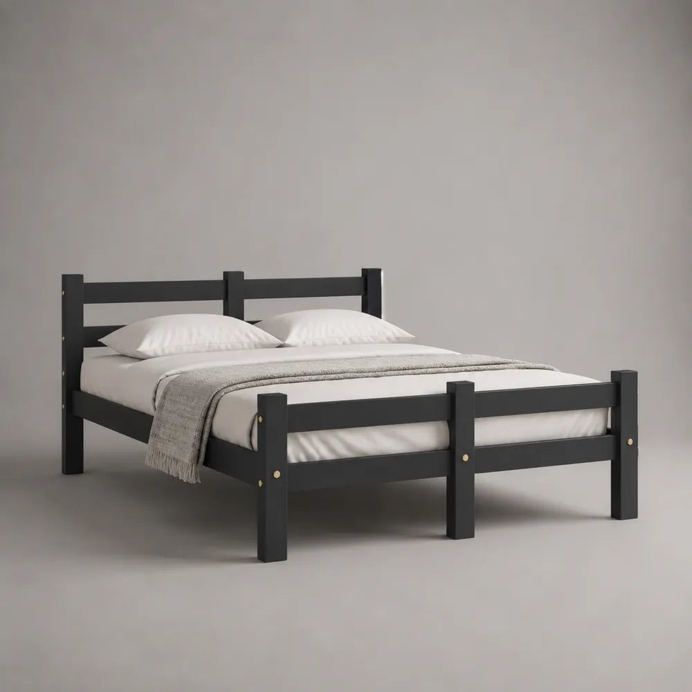 Letto matrimoniale in legno nero con testiera pediera e sponde laterali 160 x 200 cm