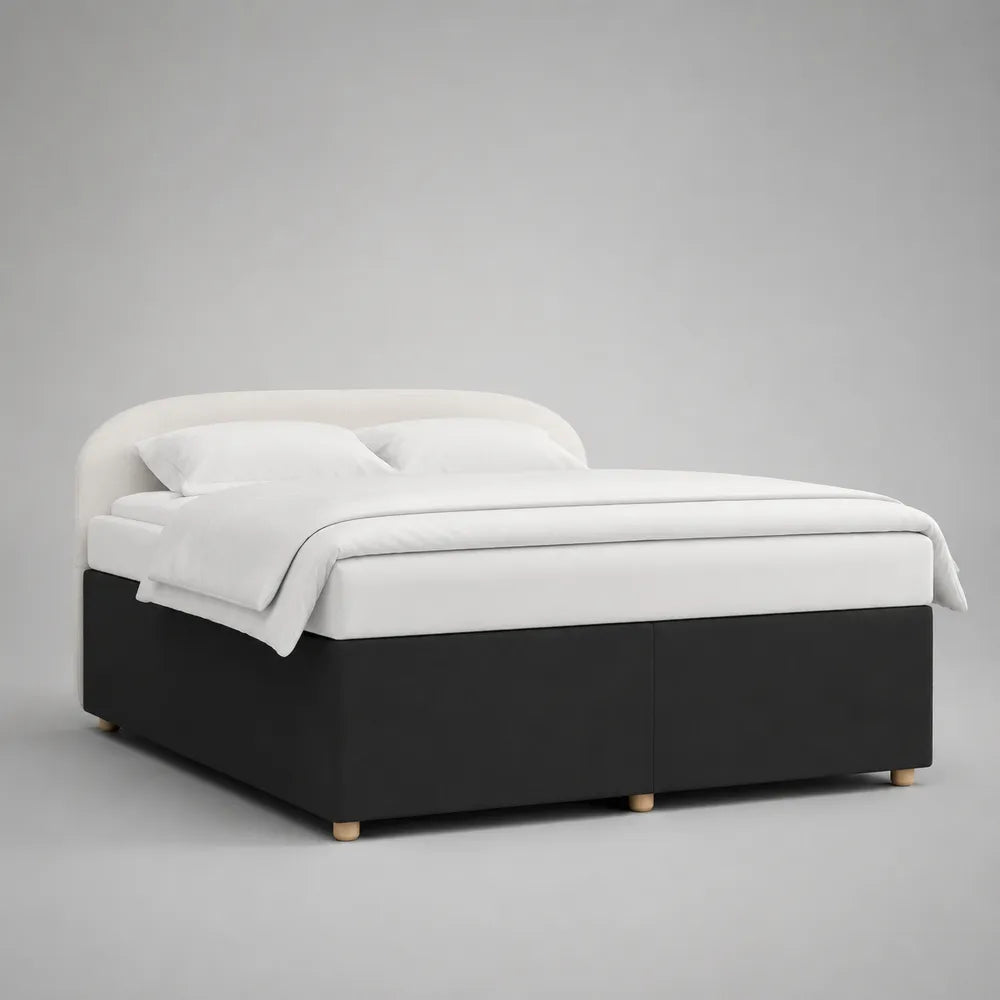 Letto matrimoniale contenitore imbottito con struttura in tessuto beige e base nera 160 x 200 cm