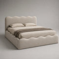 Letto matrimoniale contenitore imbottito in tessuto bouclé beige con testiera e giroletto sagomati 180 x 200 cm