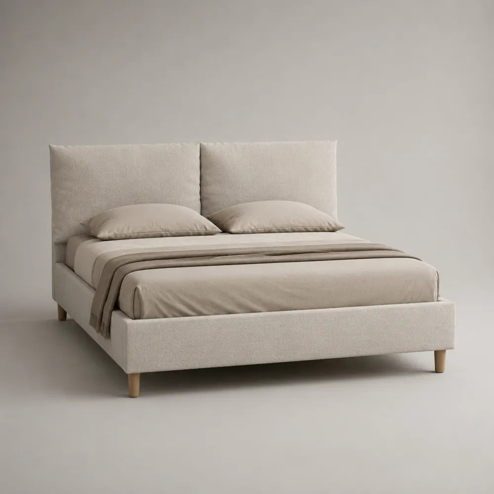 Letto matrimoniale imbottito con testiera alta in tessuto beige e struttura letto 160x200 cm