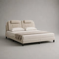 Letto matrimoniale imbottito in tessuto beige con testiera sagomata e gambe in acciaio nero 160x200 cm