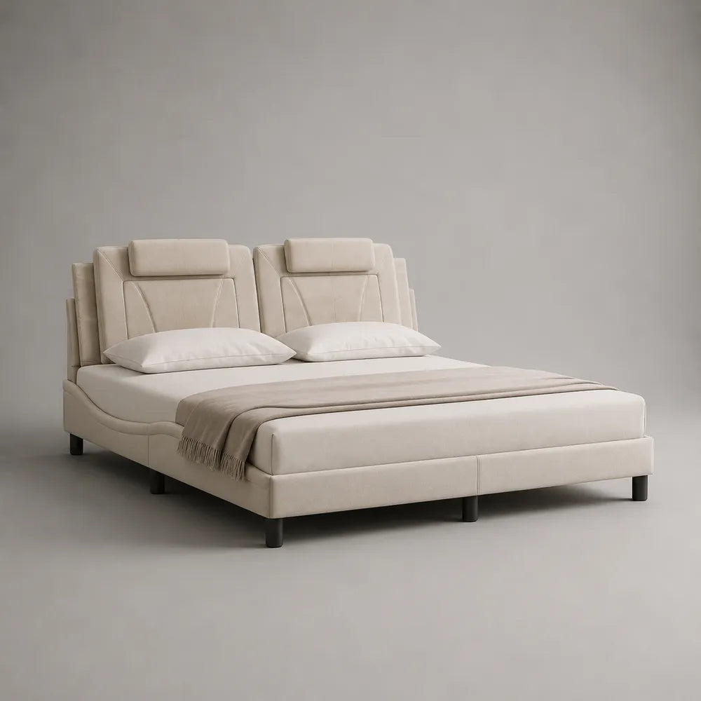 Letto matrimoniale imbottito in tessuto beige con testiera sagomata e gambe in acciaio nero 160x200 cm