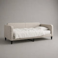 Divano letto matrimoniale imbottito in tessuto beige con braccioli e gambe in acciaio nero 160 x 200 cm