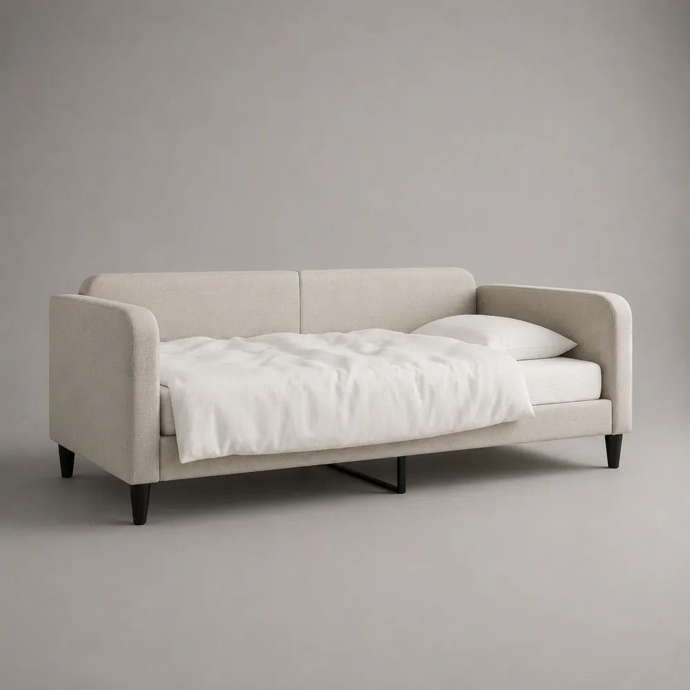 Divano letto matrimoniale imbottito in tessuto beige con braccioli e gambe in acciaio nero 160 x 200 cm