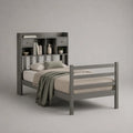 Letto singolo con testiera libreria in legno composito grigio con ripiani e cassetti 90x200 cm