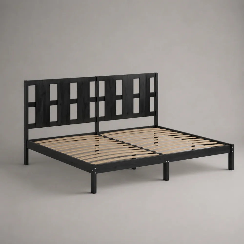 Letto matrimoniale in acciaio nero con testiera geometrica e rete a doghe in legno 160 x 200 cm