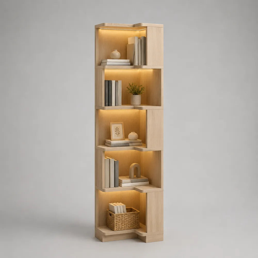 Libreria verticale con 5 ripiani illuminazione LED in MDF effetto rovere naturale 40x35x180 cm