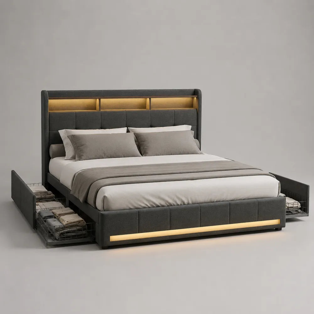 Letto matrimoniale imbottito contenitore con cassetti laterali LED in tessuto grigio 160 x 200 cm