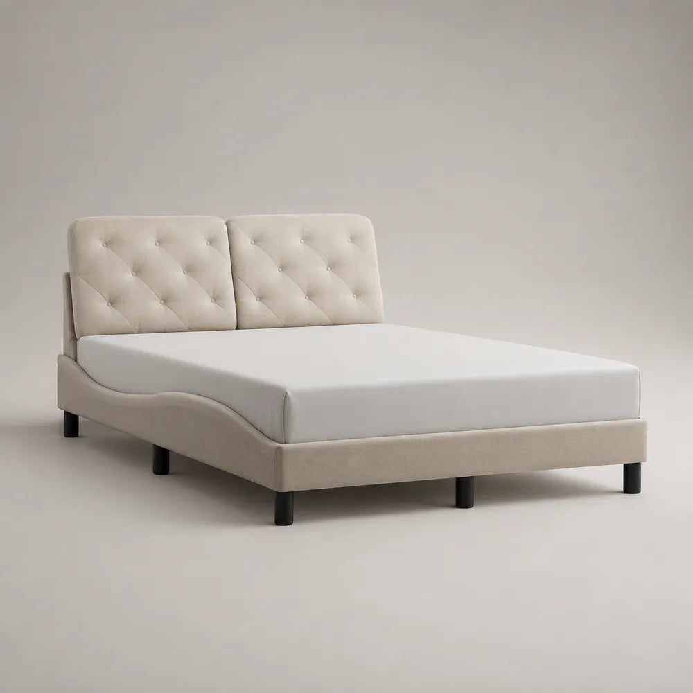 Letto matrimoniale imbottito in tessuto beige con testiera trapuntata e gambe in metallo nero 160x200 cm