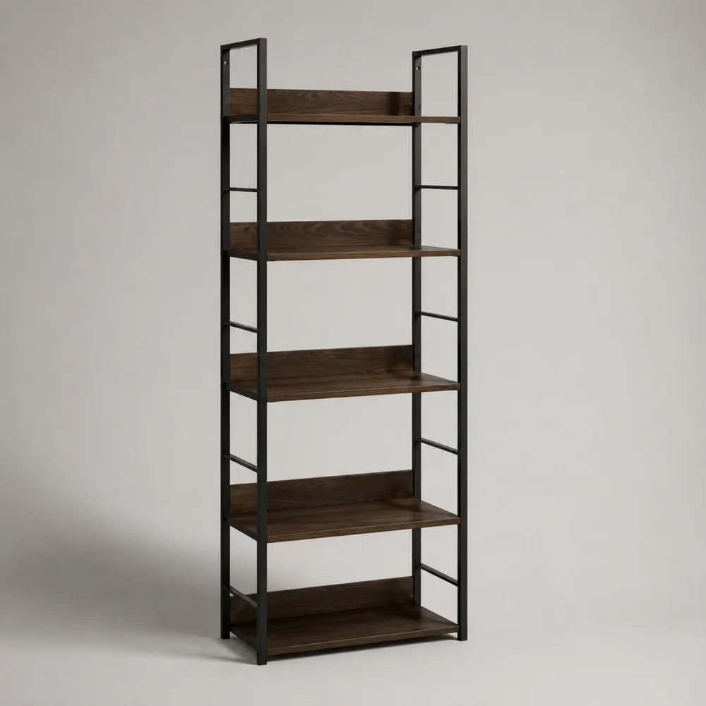 Libreria a scaffale rettangolare in MDF e acciaio nero con ripiani effetto legno marrone 80 x 35 x 180 cm