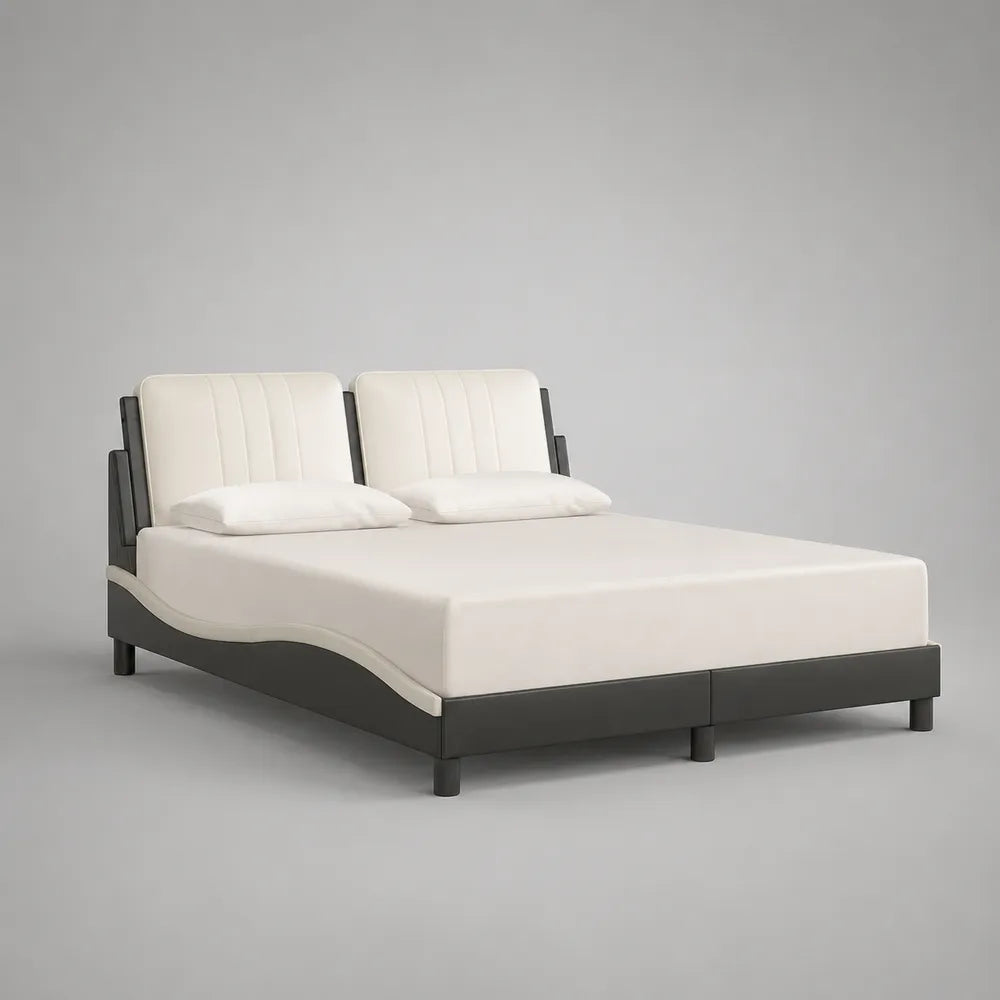 Letto matrimoniale imbottito con testiera a pannelli in tessuto beige struttura nera 160x200 cm