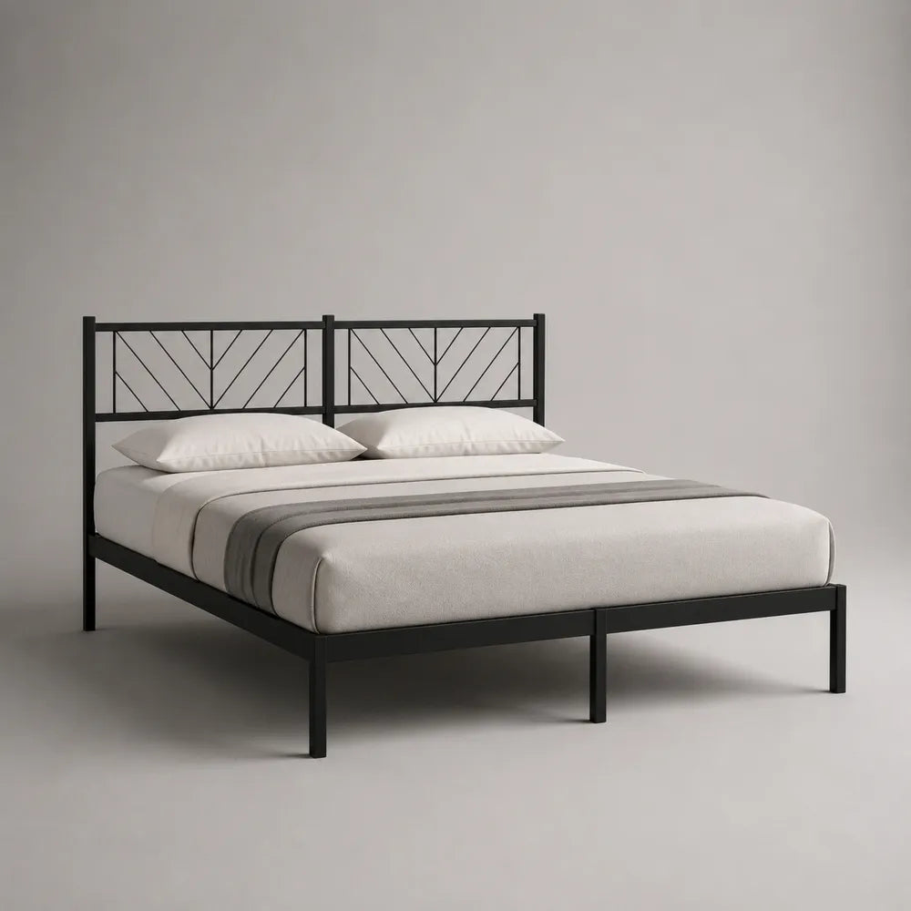 Letto matrimoniale in acciaio nero con testiera geometrica a pannelli e rete a doghe 160 x 200 cm