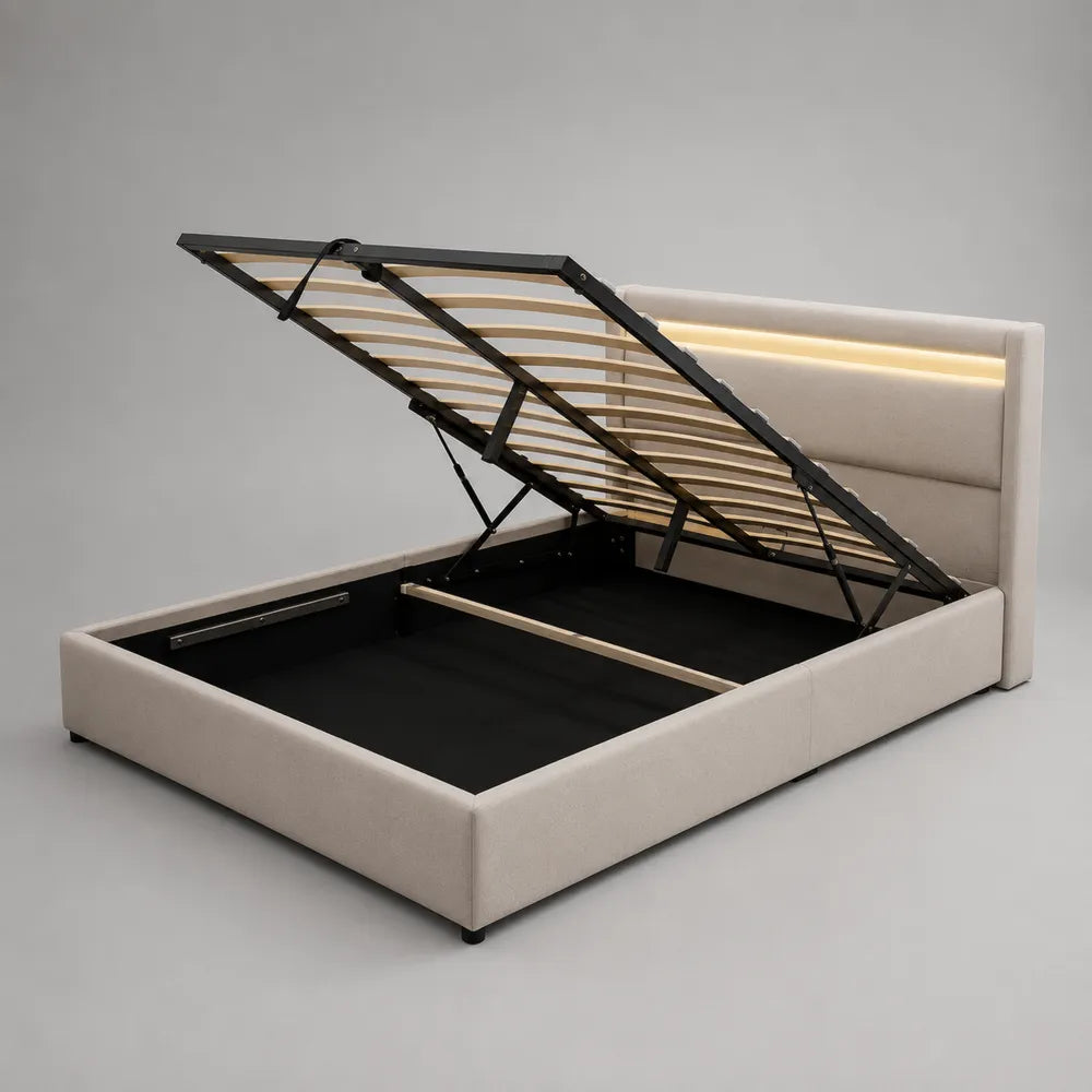 Letto contenitore matrimoniale imbottito in tessuto beige con rete sollevabile 160x200 cm