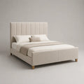 Letto matrimoniale imbottito in tessuto beige con testiera alta verticale 160 x 200 cm