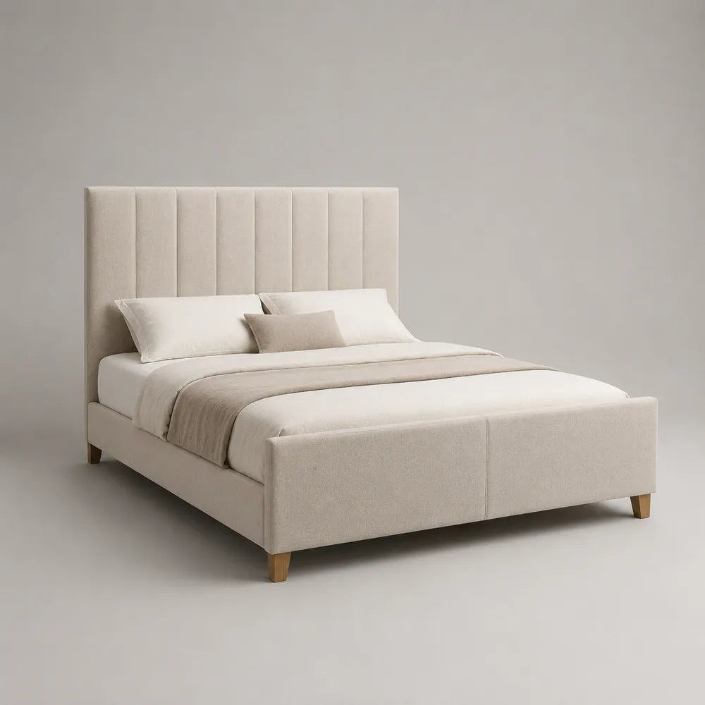 Letto matrimoniale imbottito in tessuto beige con testiera alta verticale 160 x 200 cm