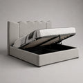 Letto contenitore matrimoniale imbottito con testiera sagomata in tessuto grigio struttura in acciaio 160 x 200 cm
