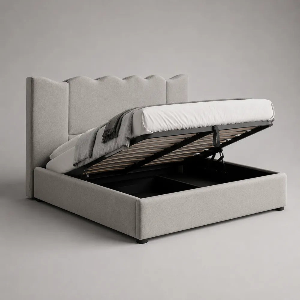 Letto contenitore matrimoniale imbottito con testiera sagomata in tessuto grigio struttura in acciaio 160 x 200 cm
