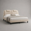 Letto matrimoniale imbottito in tessuto beige con testiera doppia pannellata e gambe in metallo nero 160x200 cm