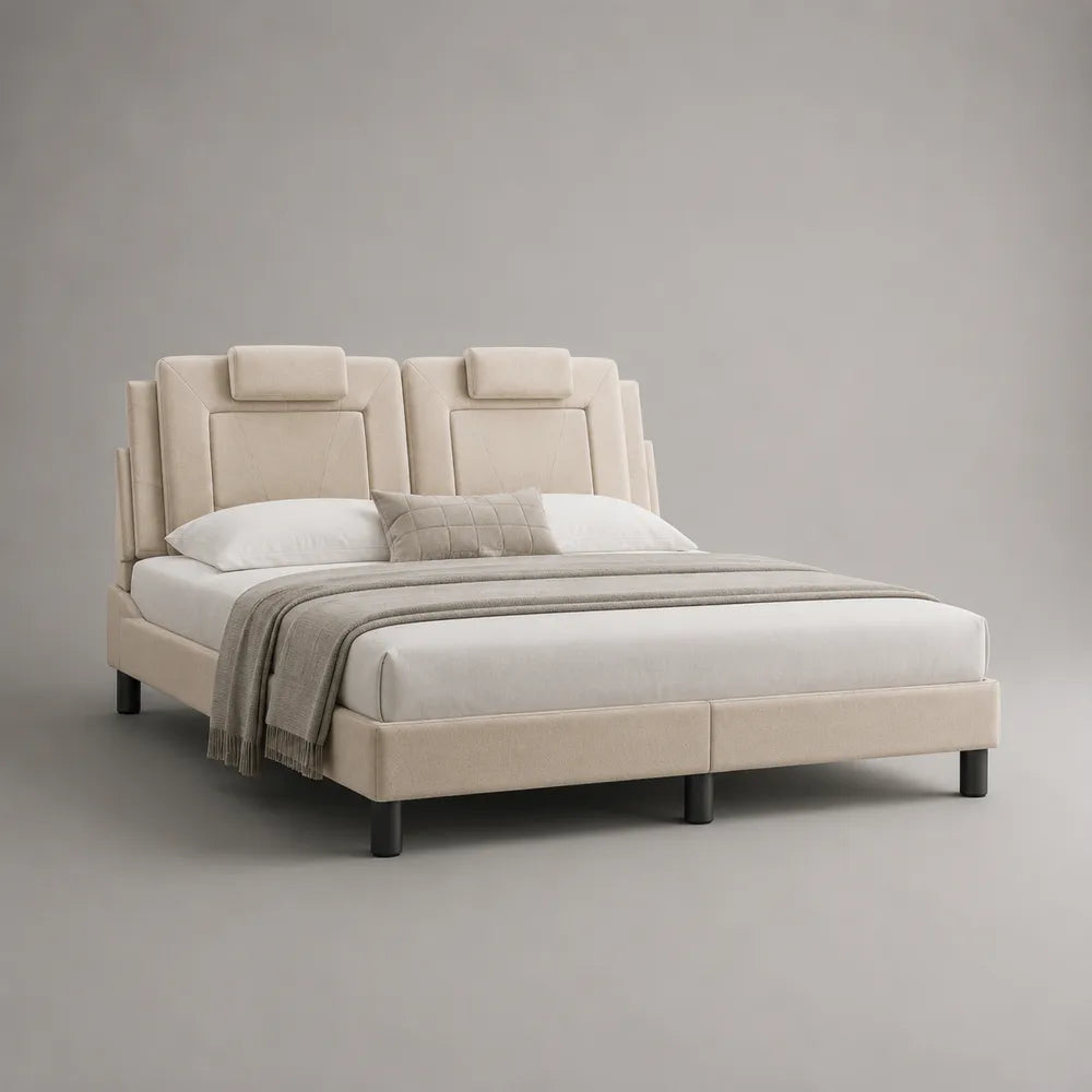 Letto matrimoniale imbottito in tessuto beige con testiera doppia pannellata e gambe in metallo nero 160x200 cm