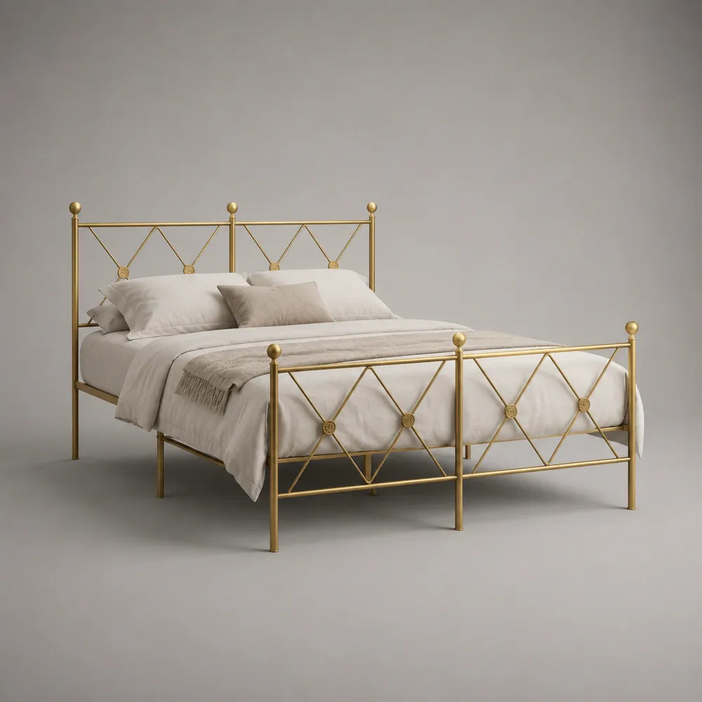 Letto matrimoniale in acciaio dorato con testiera e pediera geometriche 160x200 cm