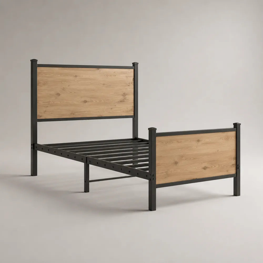 Letto matrimoniale 160x200 cm nero e rovere con struttura rettangolare in acciaio verniciato e pannelli MDF effetto legno